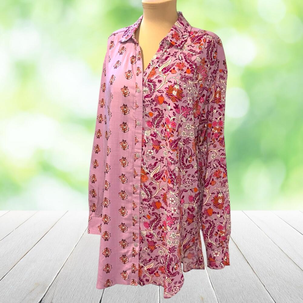 KNOX ROSE Tunic Top Pink Patchwork Linen Blend Rayon Boho Button Front Womens L